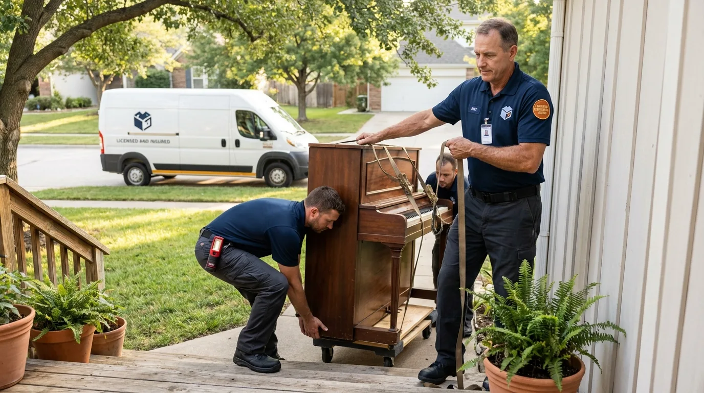 Licensed piano movers securing grand piano in Suncook, NH