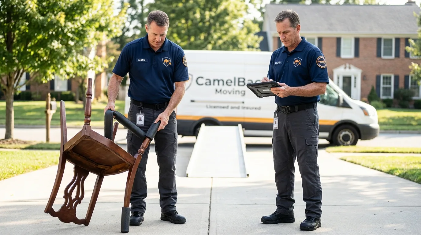 Movers inspecting furniture for damage prevention before loading in Suncook, NH