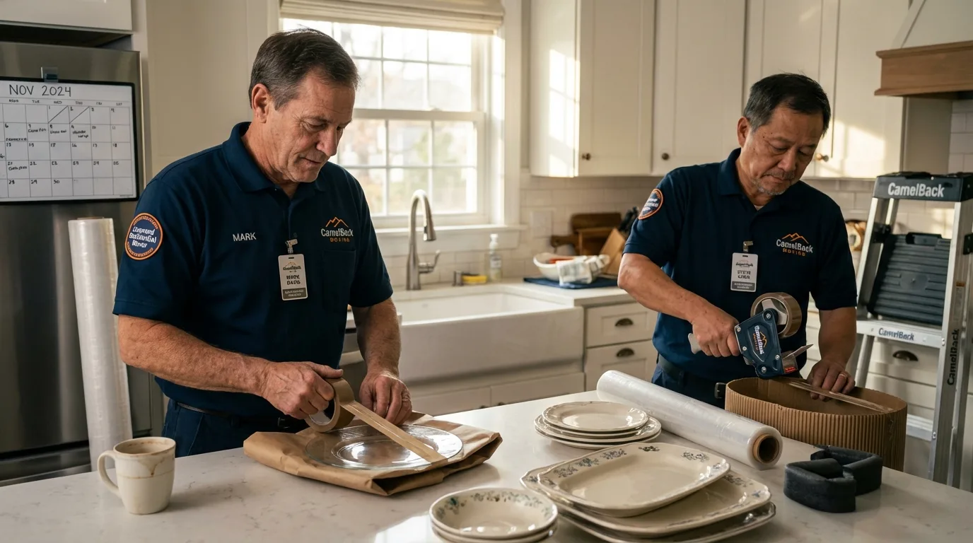 Professional crew packing kitchen dishware in Suncook, NH